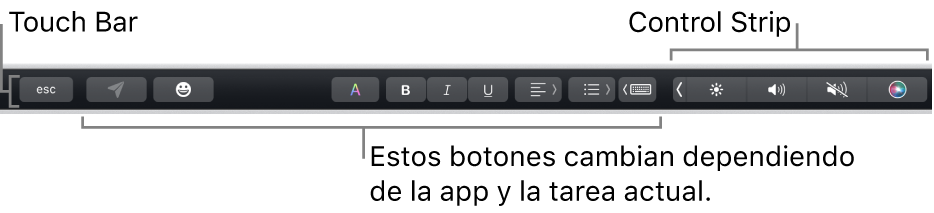 Touch Bar en la parte superior del teclado, mostrando la Control Strip contraída a la derecha y botones que varían según la app o tarea.