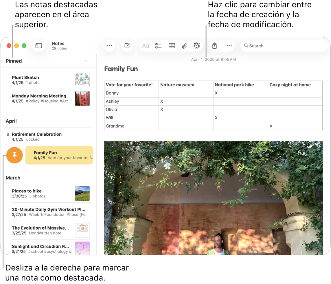 Ventana de la app Notas del Mac con la lista de notas a la izquierda, notas fijadas en la parte superior de la lista de notas y el botón Fijar en una nota. El contenido de dicha nota aparece a la derecha, con la fecha en la parte superior; haz clic en la fecha para cambiar entre la fecha de creación y la fecha de edición.