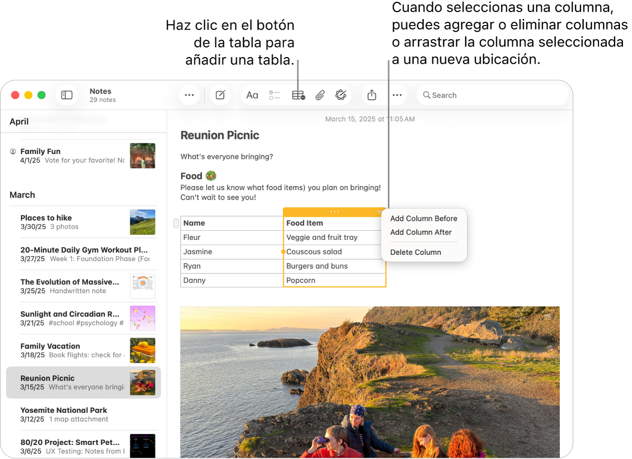 La ventana de Notas con el botón Tabla —haz clic en él para añadir una tabla. Dentro del contenido de la nota, hay una columna de la tabla seleccionada para que puedas añadir o eliminar columnas, o bien arrastrarlas hasta una nueva ubicación.