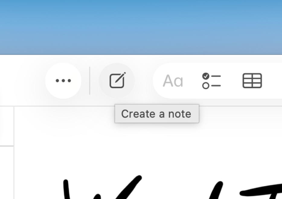 Ventana recortada de la app Notas del Mac con una nota y el botón “Crear una nota” en la barra de herramientas de la app Notas.