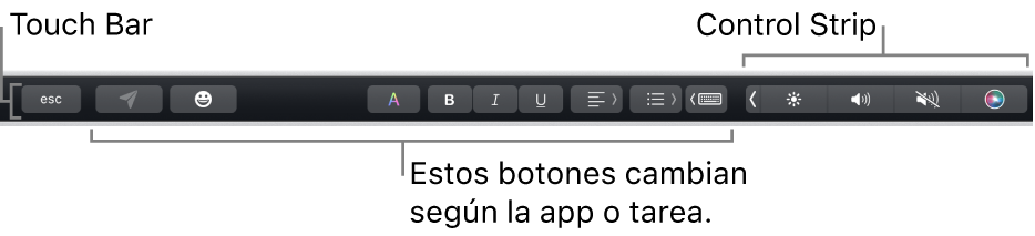 La Touch Bar en la parte superior del teclado, con la Control Strip contraída a la derecha y botones que varían según la app o la tarea.