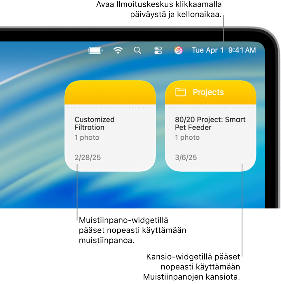 Kaksi Muistiinpanot-widgettiä: Kansio-widgetti, jossa näkyy Muistiinpanot-apin kansio, sekä Muistiinpano-widgetti, jossa näkyy muistiinpano. Avaa Ilmoituskeskus klikkaamalla päivämäärää ja aikaa valikkorivillä.