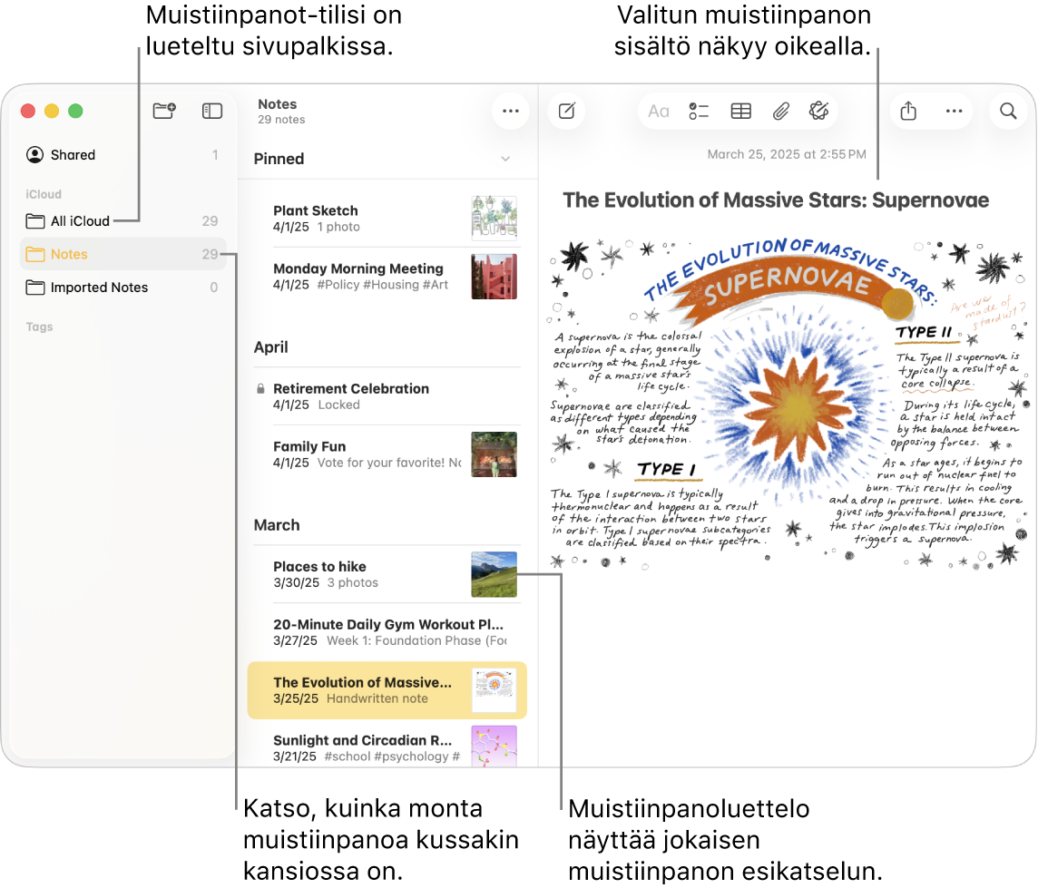 Macin Muistiinpanot-ikkuna, jonka vasemmalla olevassa sivupalkissa on luetteloituna kaikki asetetut tilit ja kansiot, keskellä on muistiinpanoluettelo, jossa näkyy esikatselu jokaisesta muistiinpanosta, ja oikealla näkyy valitun muistiinpanon sisältö. Muistiinpanojen määrä näkyy jokaisen kansion vieressä.