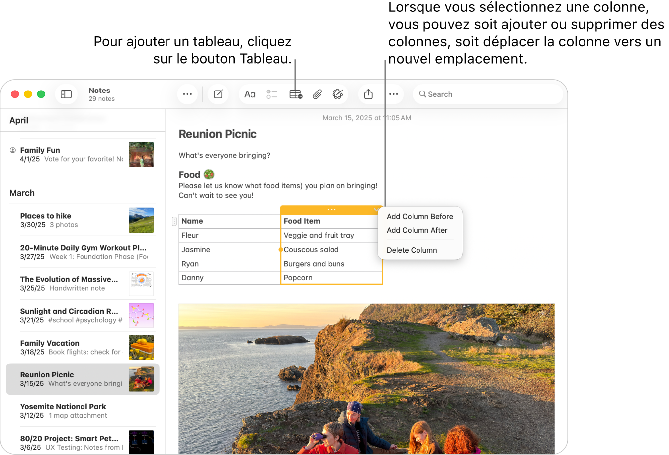 La fenêtre Notes affichant le bouton Tableau; cliquez dessus pour ajouter un tableau. Dans le contenu d’une note, une colonne de tableau est sélectionnée pour que vous puissiez ajouter ou retirer des colonnes ou les déplacer vers un nouvel emplacement.