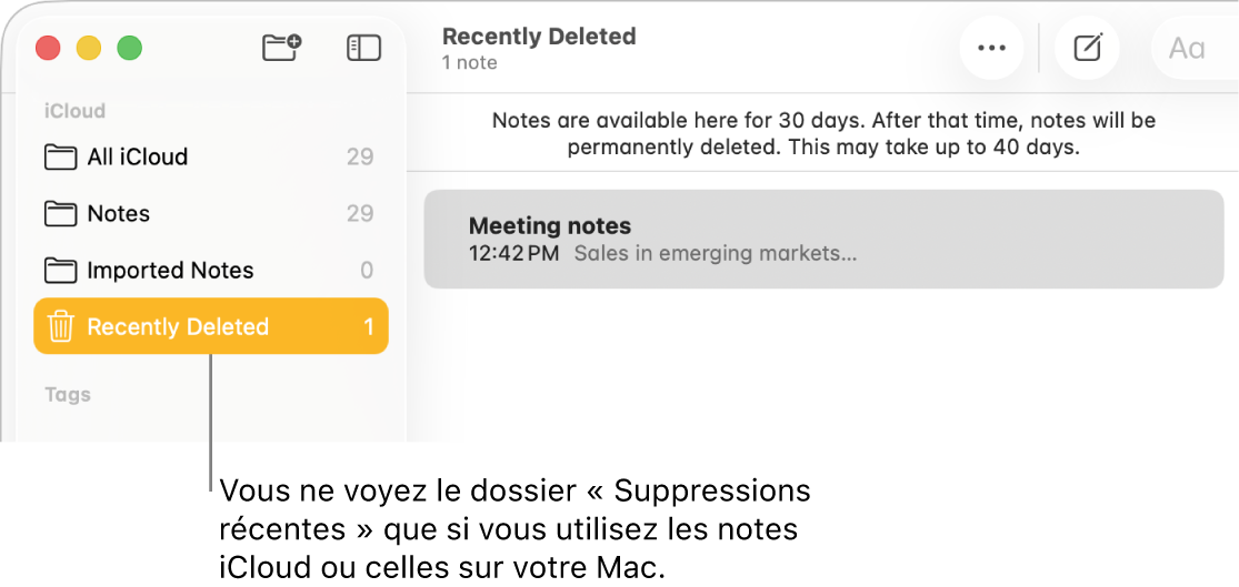 La fenêtre Notes avec le dossier Suppressions récentes dans la barre latérale et une note récemment supprimée. Le dossier Suppressions récentes s’affiche uniquement si vous utilisez des notes iCloud ou des notes stockées sur votre Mac.