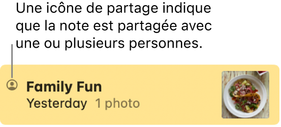 Une note partagée avec d’autres personnes, avec l’icône de partage à gauche du nom de la note.