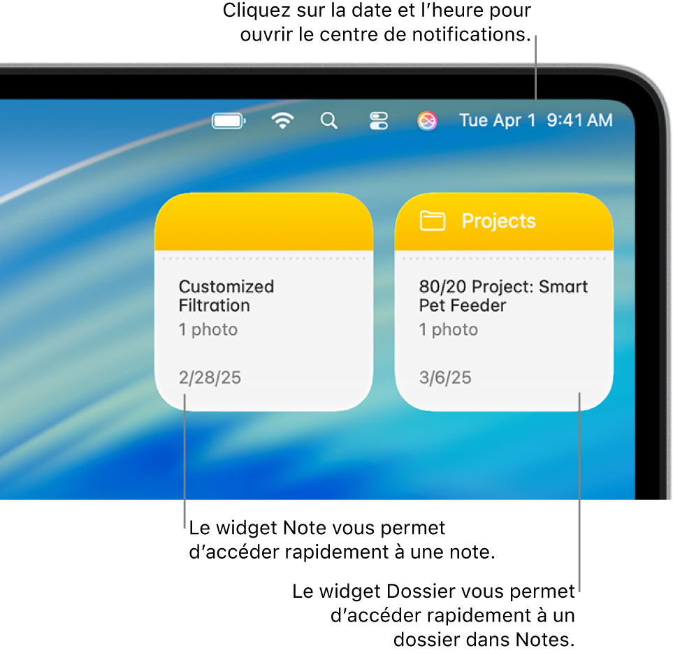 Deux widgets Notes : le widget Dossier affiche un dossier dans Notes et le widget Note affiche une note. Cliquez sur la date et l’heure dans la barre des menus pour ouvrir le centre de notifications.