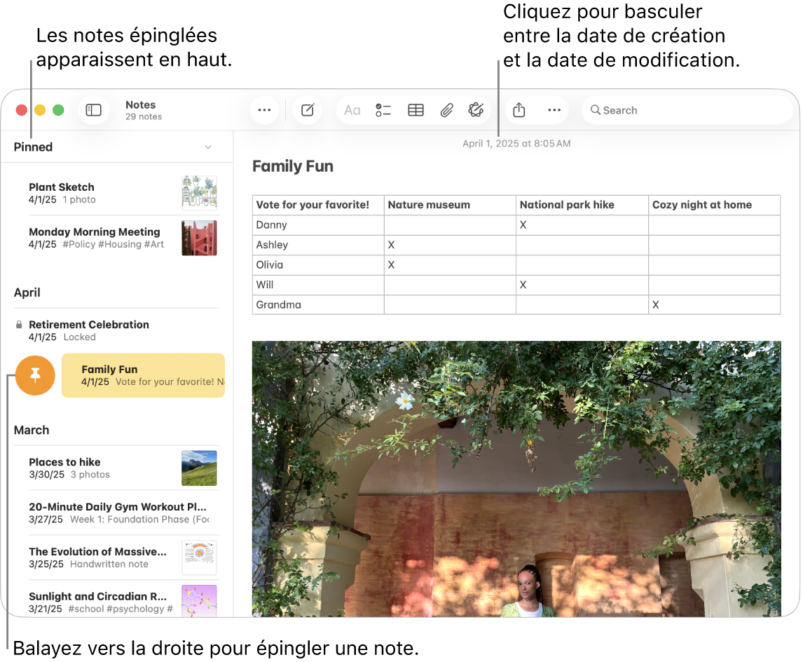 Une fenêtre de l’app Notes avec la liste des notes à gauche, des notes épinglées en haut de la liste des notes et le bouton Épingler sur une note. Le contenu de cette note s’affiche sur la droite avec la date en haut ; cliquez sur la date pour basculer entre la date de création et la date de dernière modification.