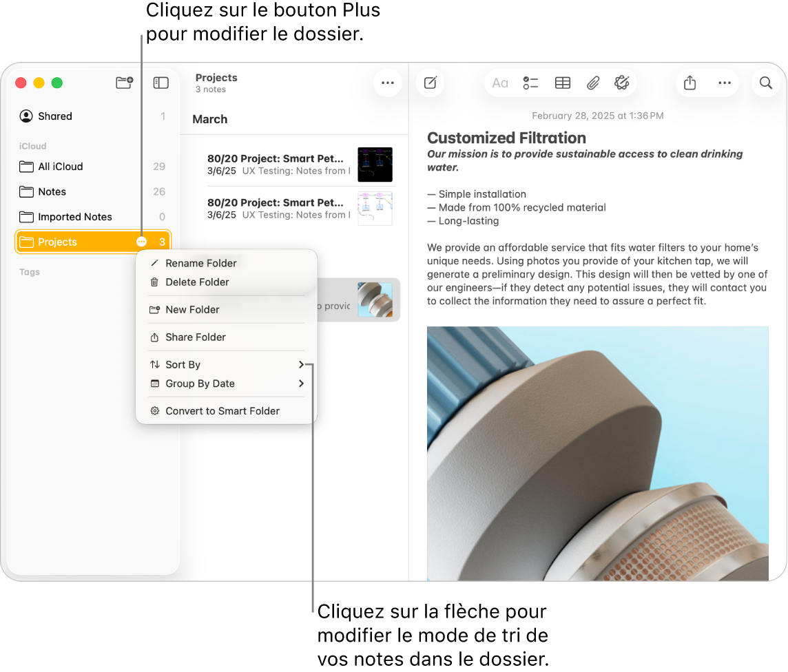 Une fenêtre de l’app Notes sur Mac avec un dossier dans la barre latérale affichant le bouton Plus, qui permet d’apporter des modifications à un dossier. Un menu local est ouvert avec une liste d’options, dont « Trier par », qui permet de modifier l’ordre d’affichage des notes. Cliquez sur la flèche pour sélectionner un autre ordre de tri.