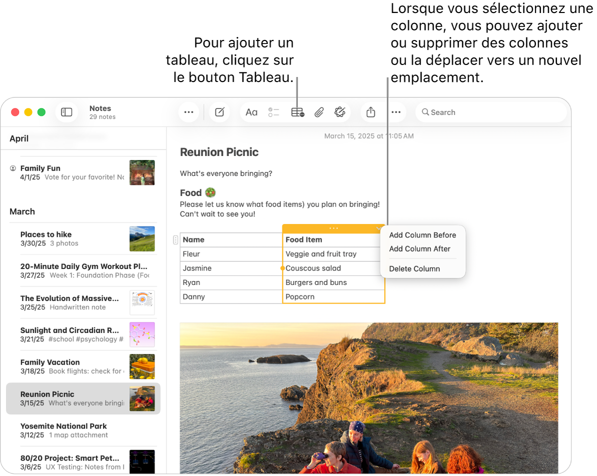 La fenêtre Notes affichant le bouton Tableau. Cliquez dessus pour ajouter un tableau. Dans une note, une colonne de tableau est sélectionnée ; vous pouvez ajouter ou supprimer des colonnes, ou faire glisser la colonne une vers un nouvel emplacement.