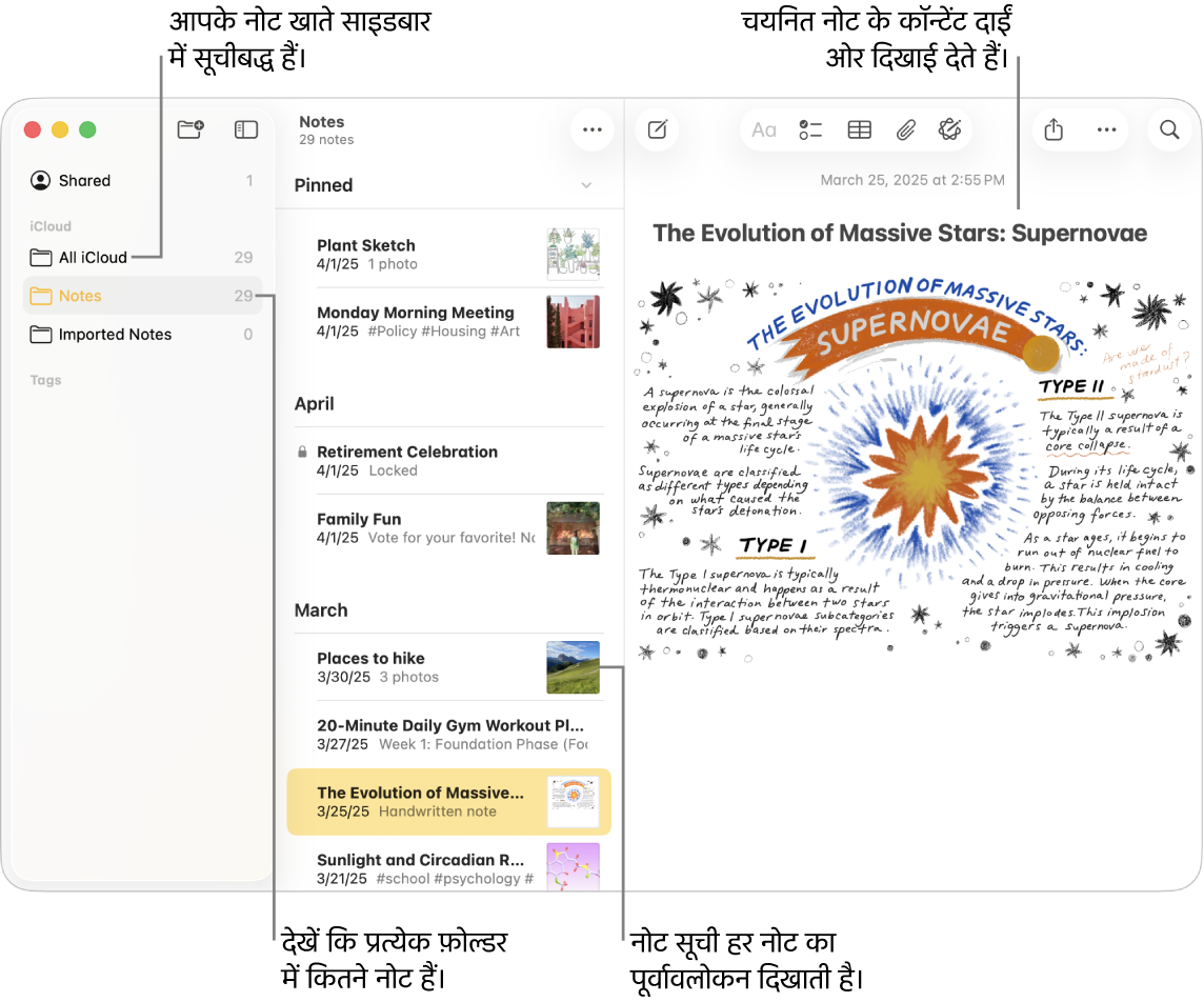 Mac पर नोट्स ऐप की विंडो जिसमें सभी कॉन्फ़िगर किए गए खाते और फ़ोल्डर बाईं ओर सूचीबद्ध किए गए हैं, मध्य में नोट्स की सूची में हर नोट का प्रीव्यू दिखाया जा रहा है और चयनित नोट का कॉन्टेंट दाईं ओर दिख रहा है। नोट्स की संख्या उसके सामने ही प्रदर्शित होती है।