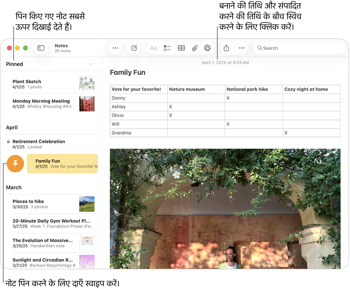 Mac पर नोट्स ऐप विंडो जिसमें नोट्स की सूची बाईं ओर, नोट्स सूची के शीर्ष पर पिन किए हुए नोट्स और एक नोट पर पिन बटन है। नोट का कॉन्टेंट दाई ओर शीर्ष पर तिथि सहित दिखाई देता है; निर्माण की तिथि से संपादन तिथि के बीच स्विच करने के लिए तिथि पर क्लिक करें।