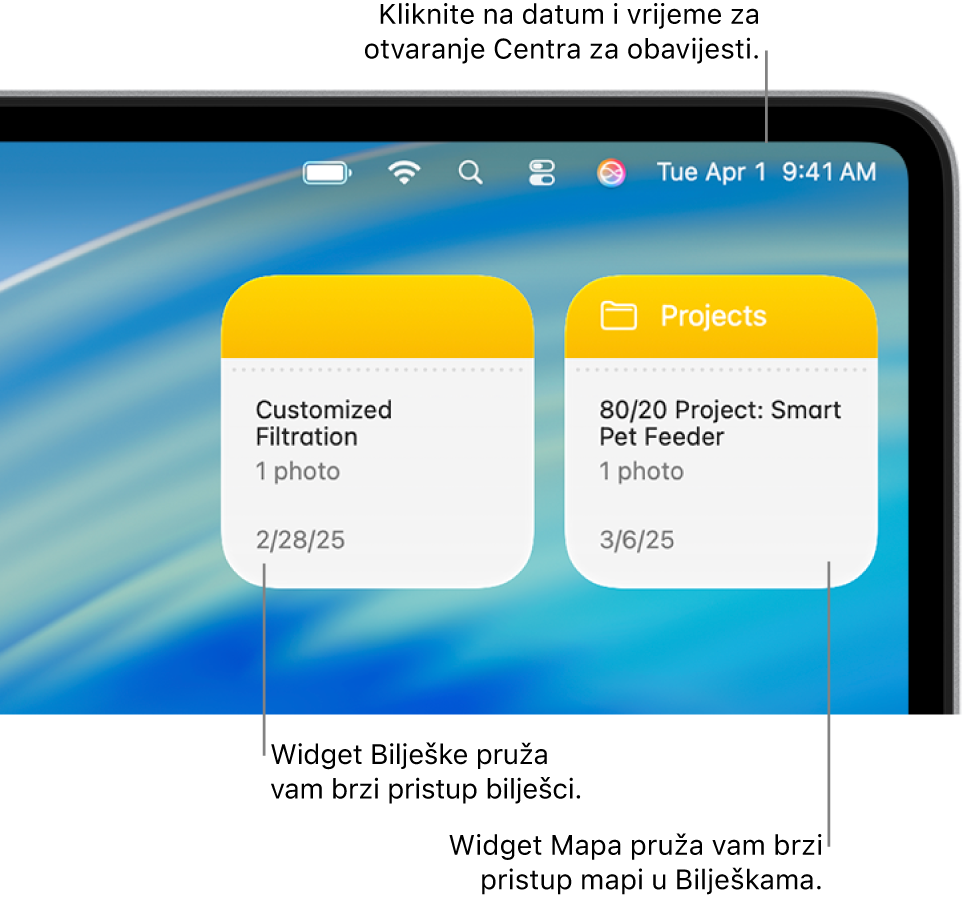 Dva widgeta za Bilješke – widget Mapa prikazuje mapu u Bilješkama, a widget Bilješka prikazuje bilješku. Kliknite na datum i vrijeme na traci s izbornicima za otvaranje Centra za obavijesti.