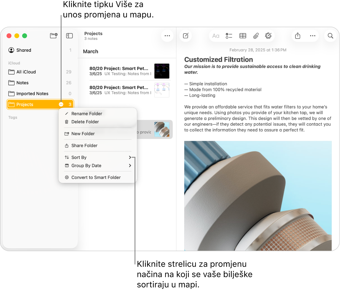 Prozor aplikacije Bilješke na Macu s jednom mapom u rubnom stupcu s vidljivom tipkom Više, u kojemu možete izmijeniti mapu. Otvoren je skočni izbornik s popisom opcija, uključujući Sortiraj prema, kojim se mijenja redoslijed bilješki – kliknite strelicu za odabir drugog redoslijeda sortiranja.