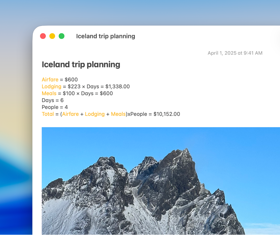 Jendela app Catatan di Mac dengan rangkaian kalkulasi di badan catatan.