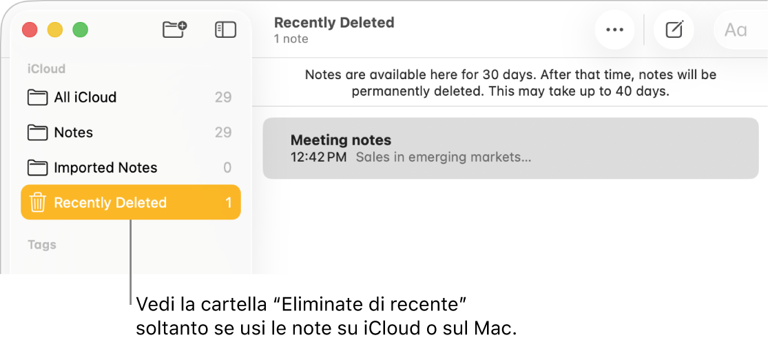 La finestra di Note con la cartella Eliminate visualizzata nella barra laterale che contiene una nota eliminata da poco. Puoi visualizzare la cartella Eliminate soltanto se utilizzi le note di iCloud o le note sul Mac.