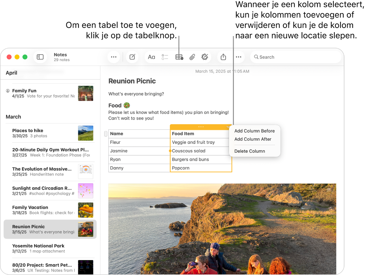 Het Notities-venster met de tabelknop. Klik daarop om een tabel toe te voegen. In de notitie wordt een tabelkolom geselecteerd zodat je kolommen kunt toevoegen of verwijderen of de kolom naar een nieuwe locatie kunt slepen.