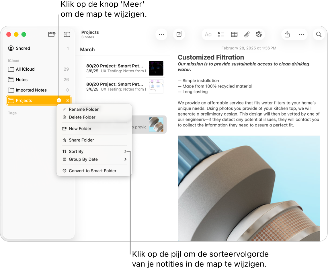 Een venster van de app Notities op de Mac met één map in de navigatiekolom en de knop 'Meer' voor het wijzigen van een map. Er is een pop‑upmenu geopend met een lijst met opties, waaronder 'Sorteer op', waarmee de volgorde van de notities kan worden gewijzigd. Klik op de pijl om een andere sorteervolgorde te selecteren.