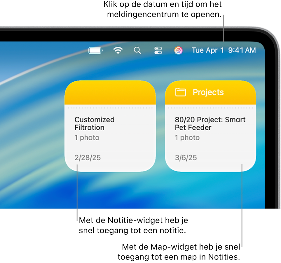 Twee Notities-widgets: de Map-widget met een map in Notities en de Notitie-widget met een notitie. Klik op de datum en tijd in de menubalk om het meldingencentrum te openen.