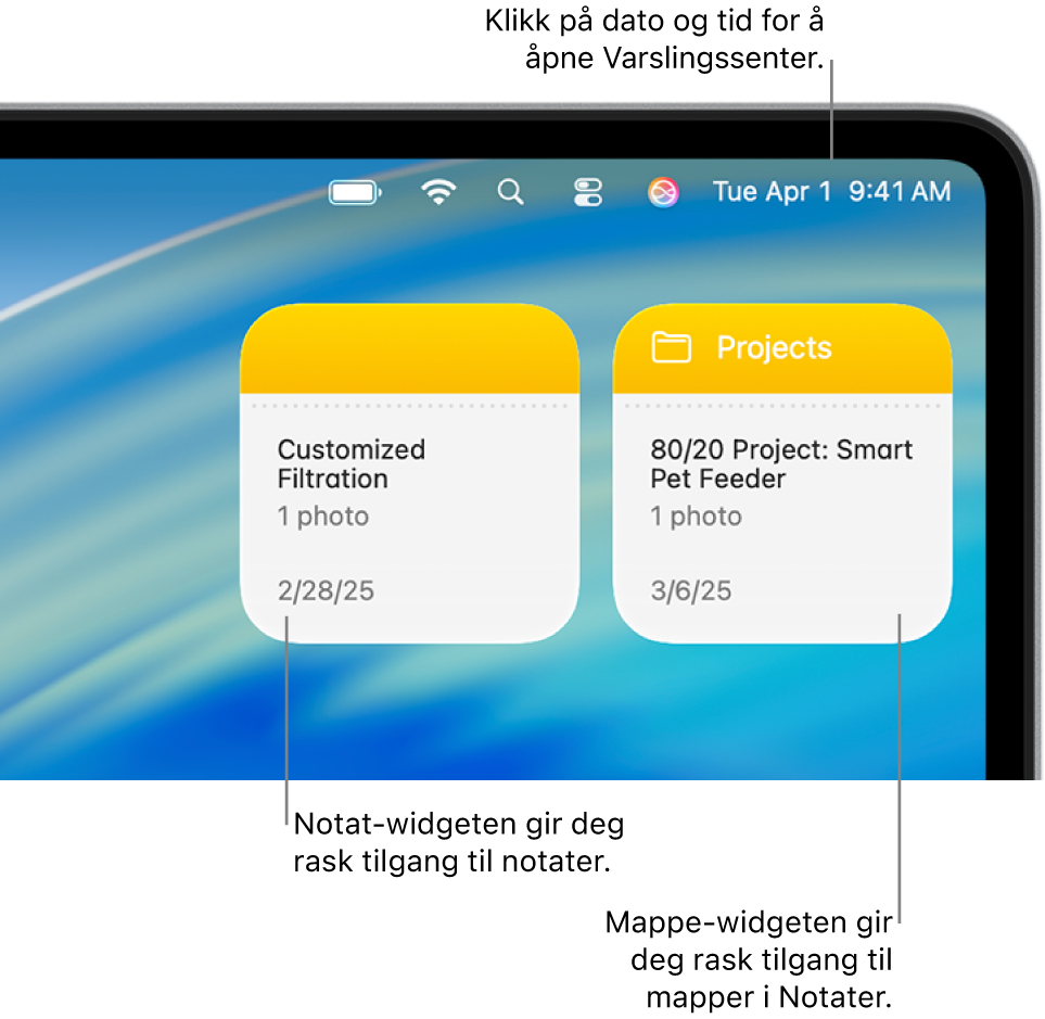 To Notater-widgeter – Mappe-widgeten viser en mappe i Notater, og Notat-widgeten viser et notat. Klikk på dato og tid i menylinjen for å åpne Varslingssenter.