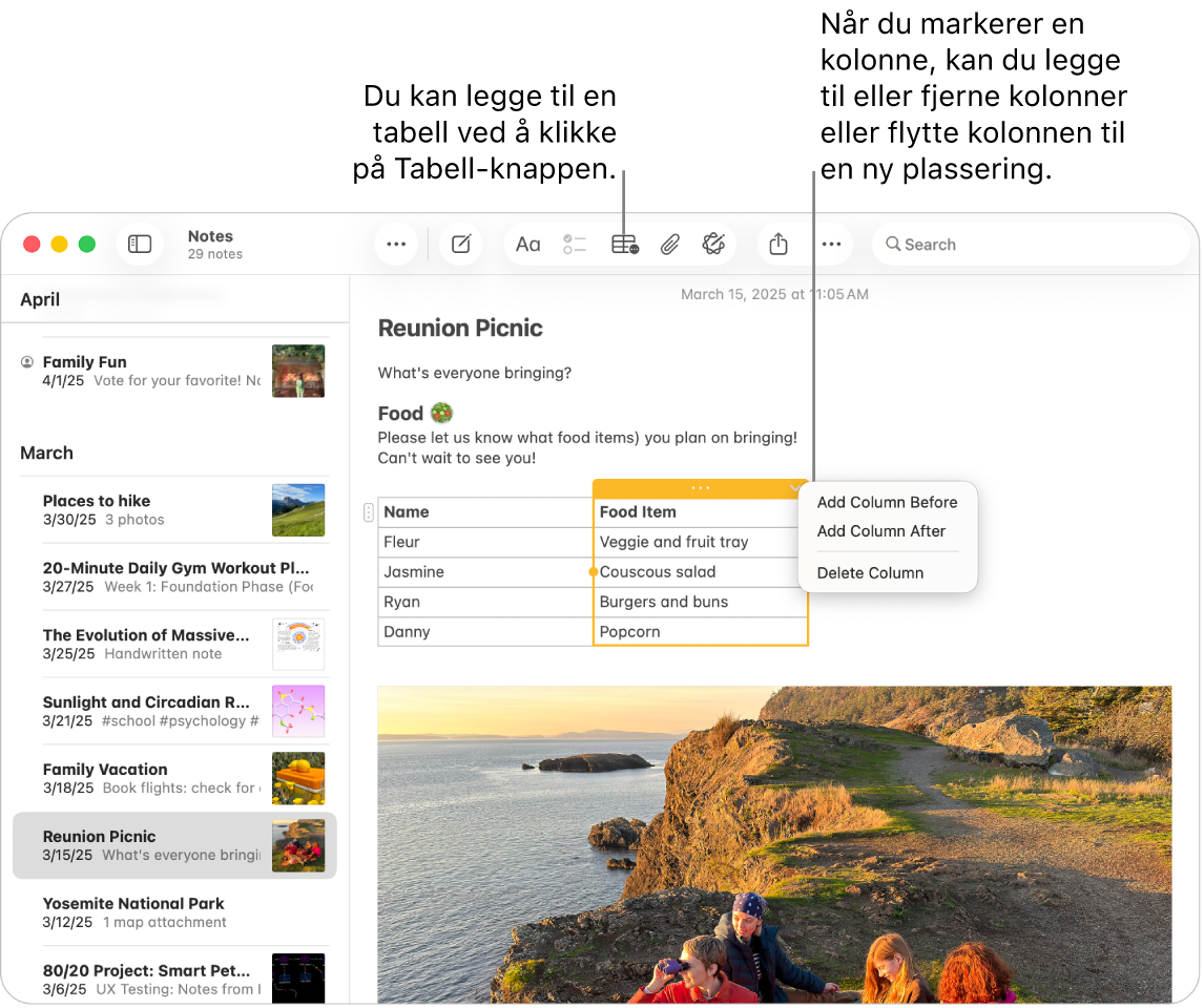Notater-vinduet som viser Tabell-knappen – klikk på den for å legge til en tabell. Inne i notatinnholdet markeres en tabellkolonne, slik at du enten kan legge til eller fjerne kolonner eller flytte den til en ny plassering.