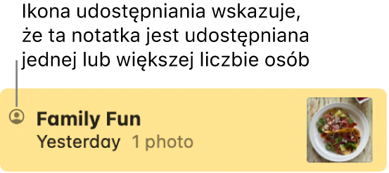 Notatka, która została udostępniona innym osobom oraz ikona przycisku udostępniania po lewej stronie nazwy notatki.