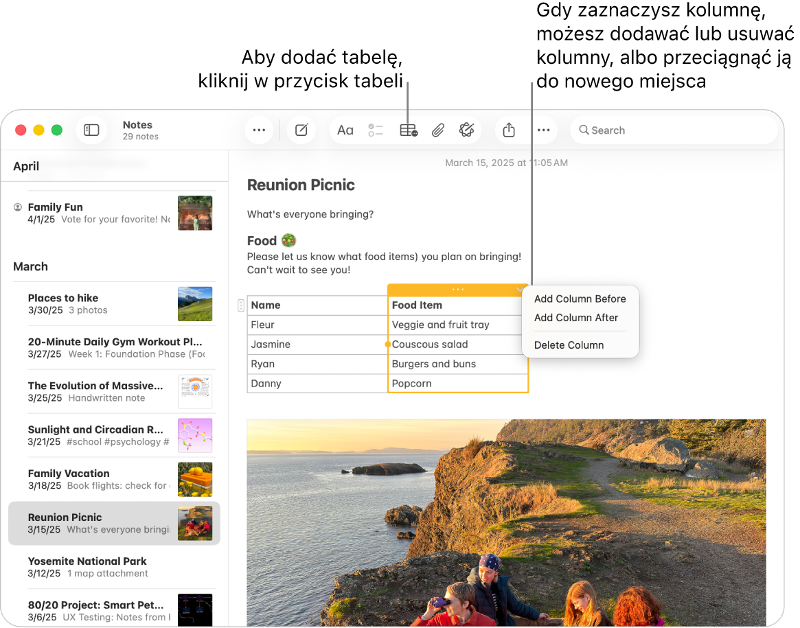 Okno Notatek z przyciskiem tabeli. Kliknij w niego, aby dodać tabelę. W notatce zaznaczona jest kolumna tabeli, możesz więc dodawać lub usuwać kolumny, a także przeciągnąć ją w inne miejsce.