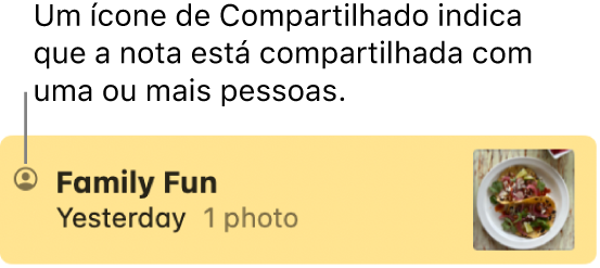 Uma nota que foi compartilhada com outras pessoas, com o ícone Compartilhado à esquerda do nome da nota.