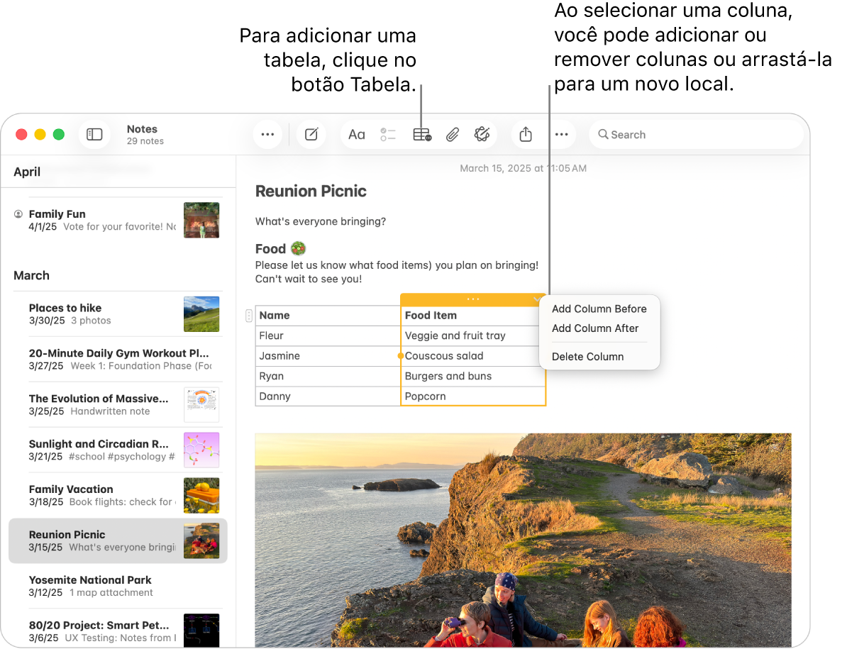 Janela do Notas mostrando o botão Tabela. Clique no botão para adicionar uma tabela. Dentro do conteúdo de uma nota, uma coluna de tabela é selecionada, sendo possível tanto adicionar como remover colunas ou arrastá-las para um novo local.