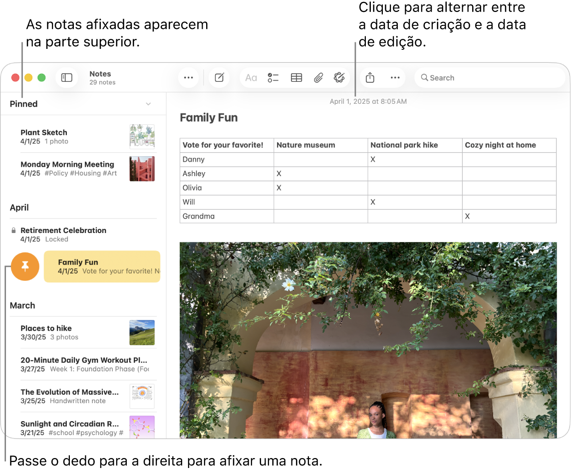 A janela da aplicação Notas no Mac com a lista de notas à esquerda, as notas afixadas na parte superior da lista de notas e o botão “Afixar” numa nota. O conteúdo dessa nota aparece à direita com a data na parte superior; clique na data para alternar entre a data de criação e a data de edição.
