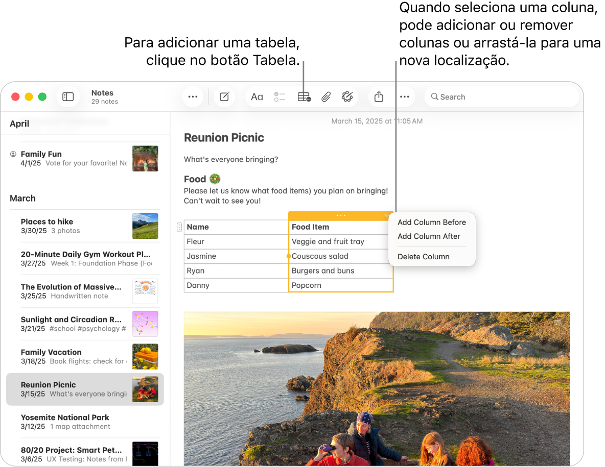 A janela Notas a mostrar o botão Tabela, clique-lhe para adicionar uma tabela. Dentro do conteúdo da nota, é selecionada uma coluna da tabela para que adicione ou remova colunas ou para que a arraste para um novo local.