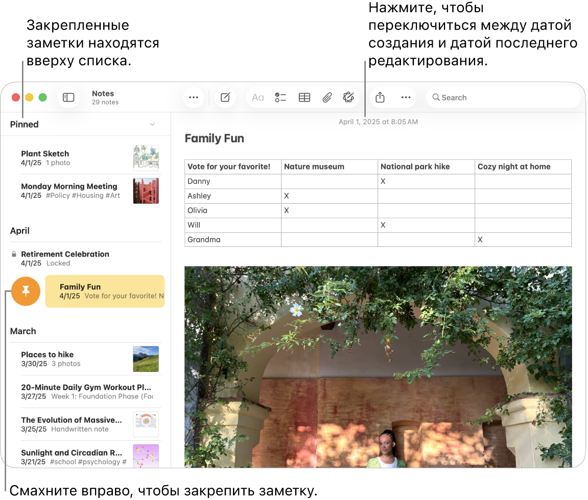 Окно Заметок на Mac со списком заметок слева, закрепленными заметками вверху списка и кнопкой «Закрепить» на одной из заметок. Содержимое этой заметки отображается справа, вверху указана дата; нажмите дату для переключения между датой создания и датой изменения.