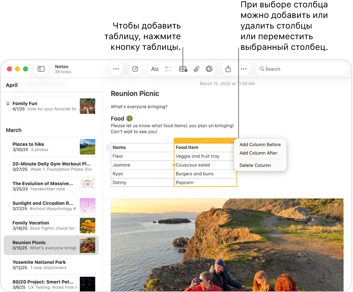 Окно приложения «Заметки» с кнопкой «Таблица» — нажмите ее, чтобы добавить таблицу. В заметке выбран столбец таблицы, так что Вы можете либо добавить или удалить столбцы, либо переместить выбранный столбец в новое место.