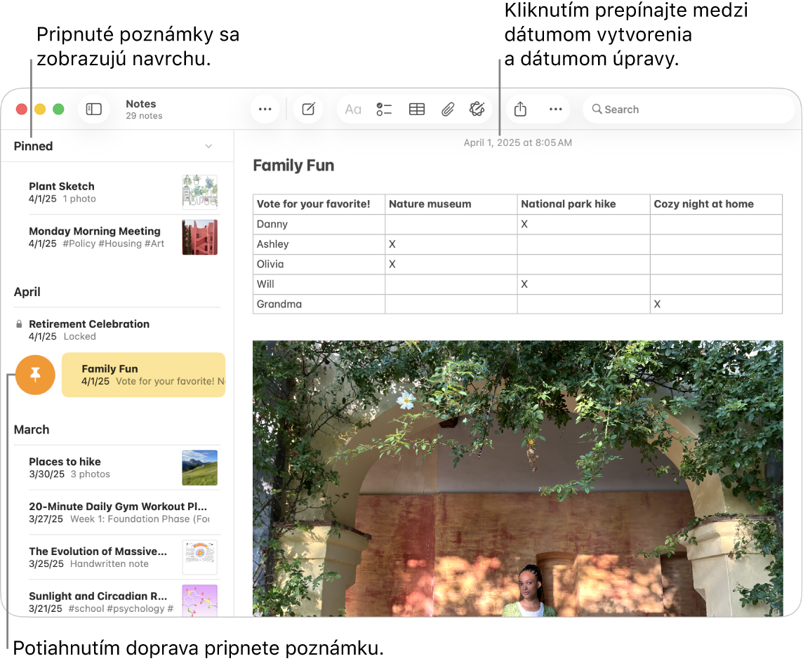 Okno Poznámky na Macu so zoznamom poznámok na ľavej strane, pripnutými poznámkami v hornej časti zoznamu s poznámkami a tlačidlom Pripnúť na jednej poznámke. Obsah danej poznámky sa zobrazuje napravo s dátumom v hornej časti. Kliknutím na dátum môžete prepínať medzi dátumom vytvorenia a dátumom úpravy.