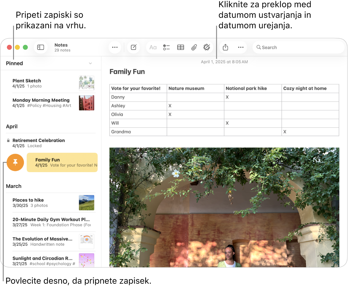 Okno aplikacije Zapiski v Macu s seznamom zapiskov na levi strani, pripetimi zapiski na vrhu seznama zapiskov in gumbom Pripni pri enem od zapiskov. Vsebina tega zapiska je prikazana na desni strani z datumom na vrhu, ki ga lahko kliknete za preklop med prikazom datuma ustvarjanja in datuma urejanja.