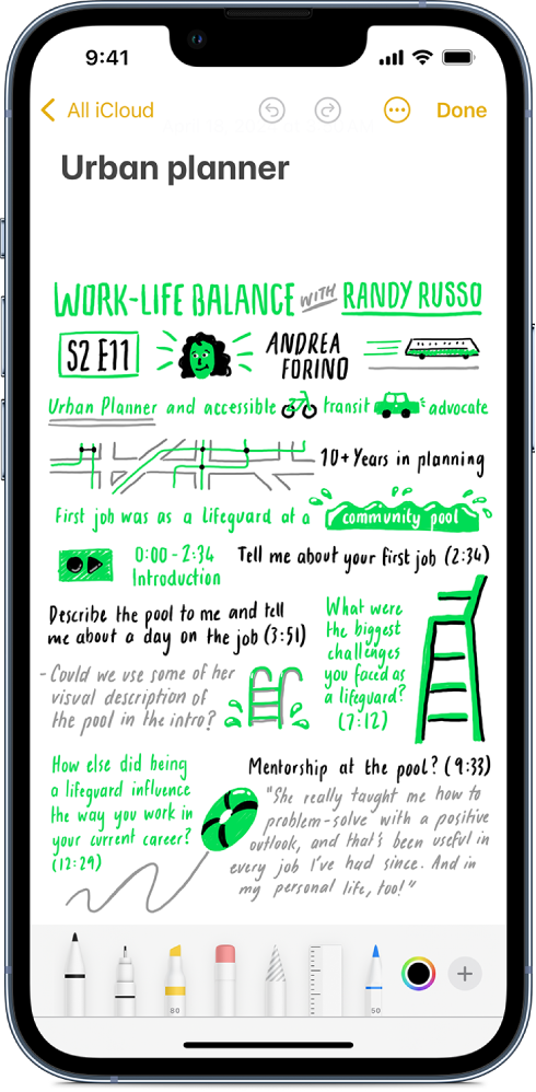 En teckning på iPhone med handskrivna anteckningar och bilder ritade för hand.