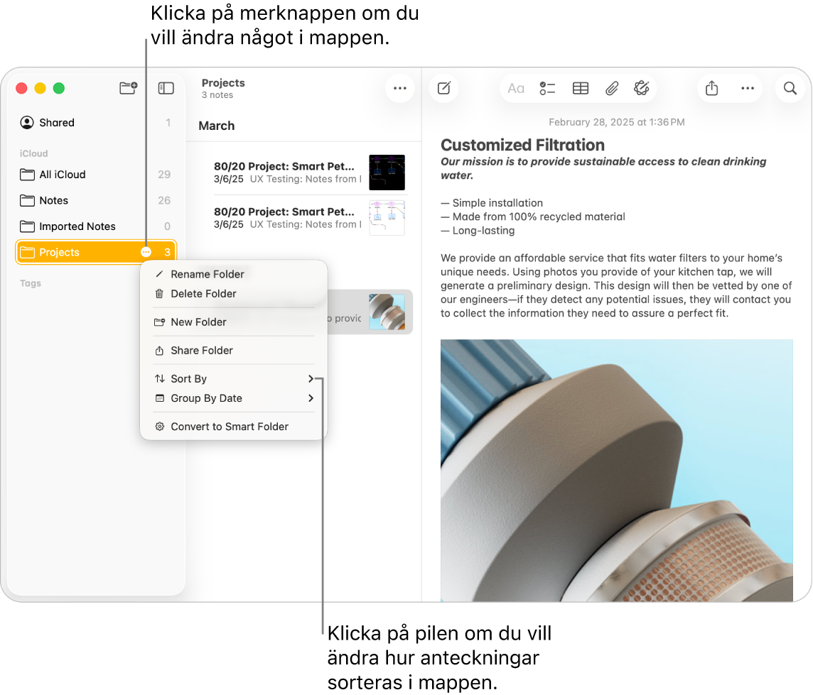 Ett fönster i appen Anteckningar på datorn med en mapp i sidofältet som visar merknappen där du kan ändra mappen. En popupmeny är öppen med en lista med alternativ, bland annat Sortera efter, som ändrar ordningen på anteckningarna. Klicka på pilen om du vill välja en annan sorteringsordning.