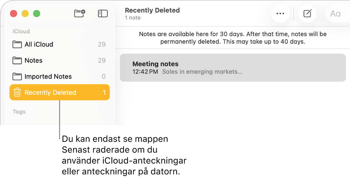 Anteckningsfönstret med mappen Senast raderade i sidofältet och en senast raderad anteckning. Mappen Senast raderade visas endast om du använder iCloud-anteckningar eller anteckningar på datorn.