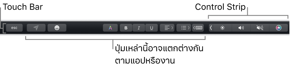 Touch Bar ที่อยู่ตามด้านบนสุดของแป้นพิมพ์ โดยแสดง Control Strip ที่ยุบอยู่ทางด้านขวา และปุ่มที่แตกต่างกันไปตามแอปหรืองาน