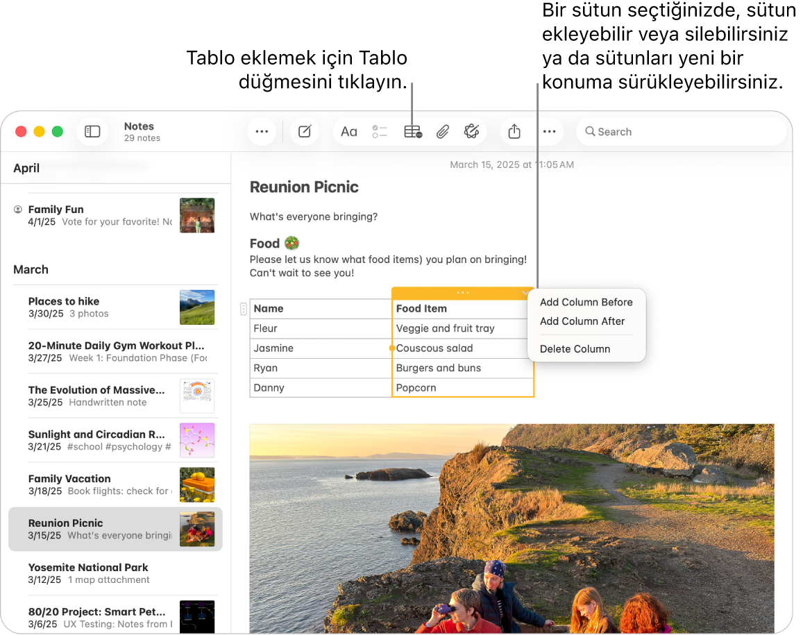 Tablo düğmesini gösteren Notlar penceresi; tablo eklemek için tıklayın. Not içeriğinde, sütunları ekleyebilmeniz veya silebilmeniz ya da yeni bir konuma sürükleyebilmeniz için bir tablo sütunu seçilir.