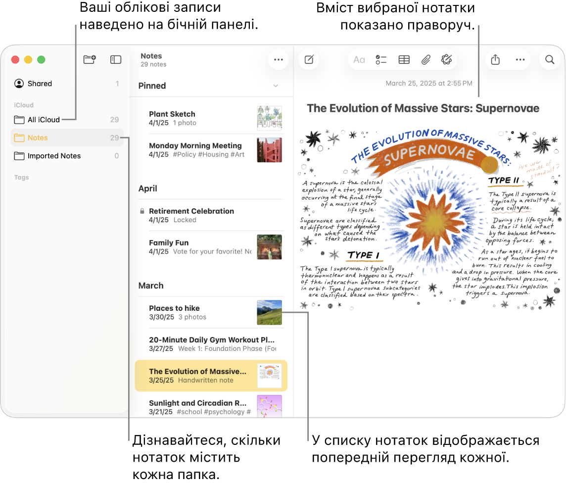 Вікно програми «Нотатки» на Mac з усіма конфігурованими обліковими записами і папками на бічній панелі зліва, зі списком нотаток посередині з попереднім переглядом кожної нотатки і вмістом вибраної нотатки справа. Поруч із кожною папкою відображається кількість нотаток.