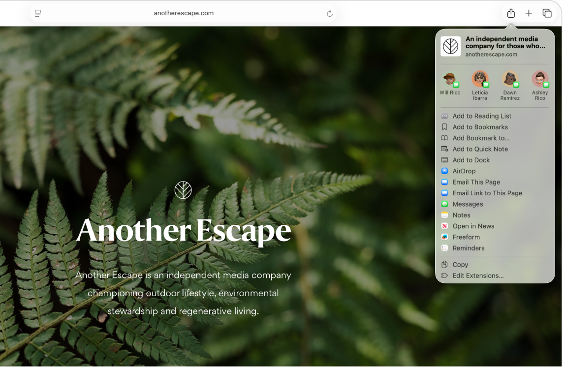 Một cửa sổ Safari đang hiển thị một trang web có menu Chia sẻ được mở với nhiều tùy chọn chia sẻ khác nhau – bao gồm Thêm vào Ghi chú nhanh.