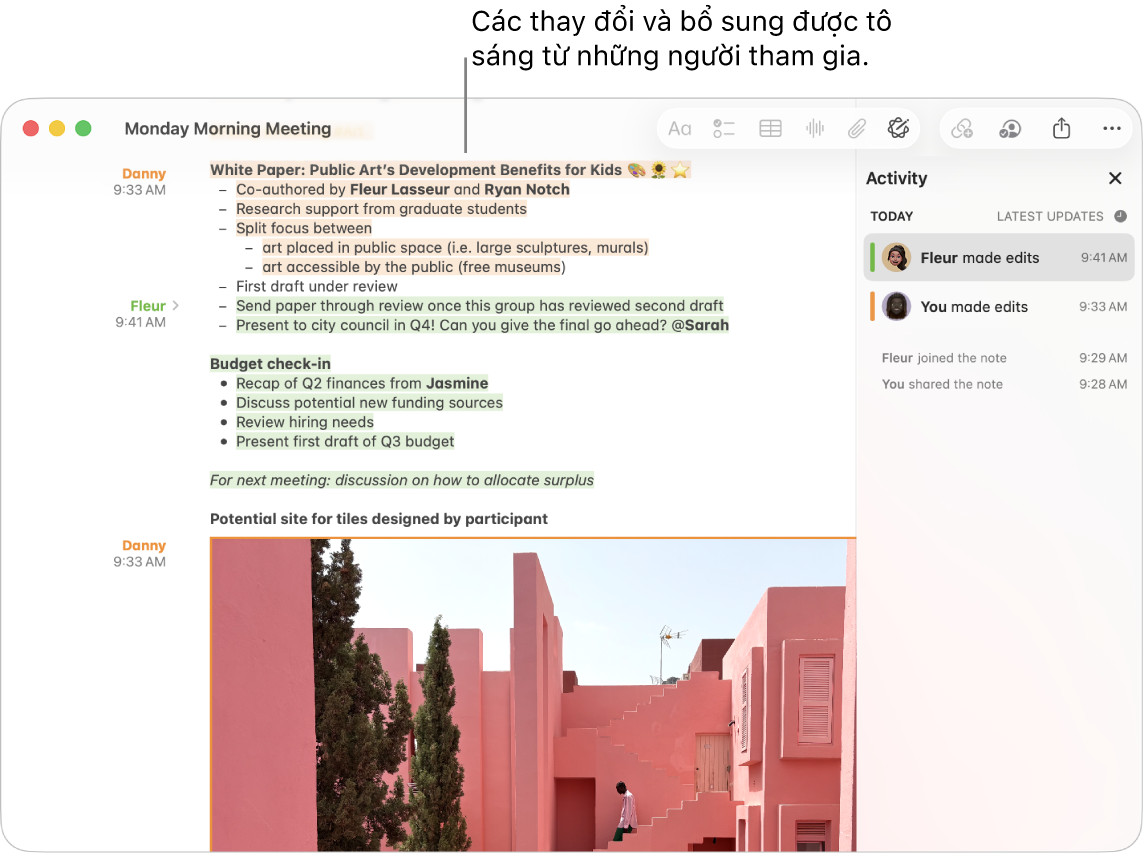 Một ghi chú đang hiển thị các ghi chú từ một cuộc họp. Các thay đổi từ những người tham gia được tô sáng.