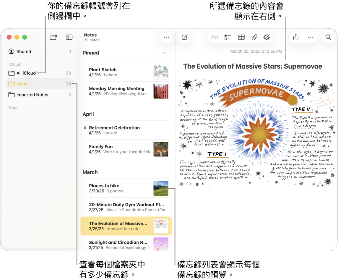 Mac 上的「備忘錄」App 視窗和所有已設定的帳號和檔案夾列在左方的側邊欄,中間的備忘錄列表顯示每個備忘錄的預覽,而所選備忘錄的內容顯示在右方。每個檔案夾旁邊會顯示備忘錄的數量。