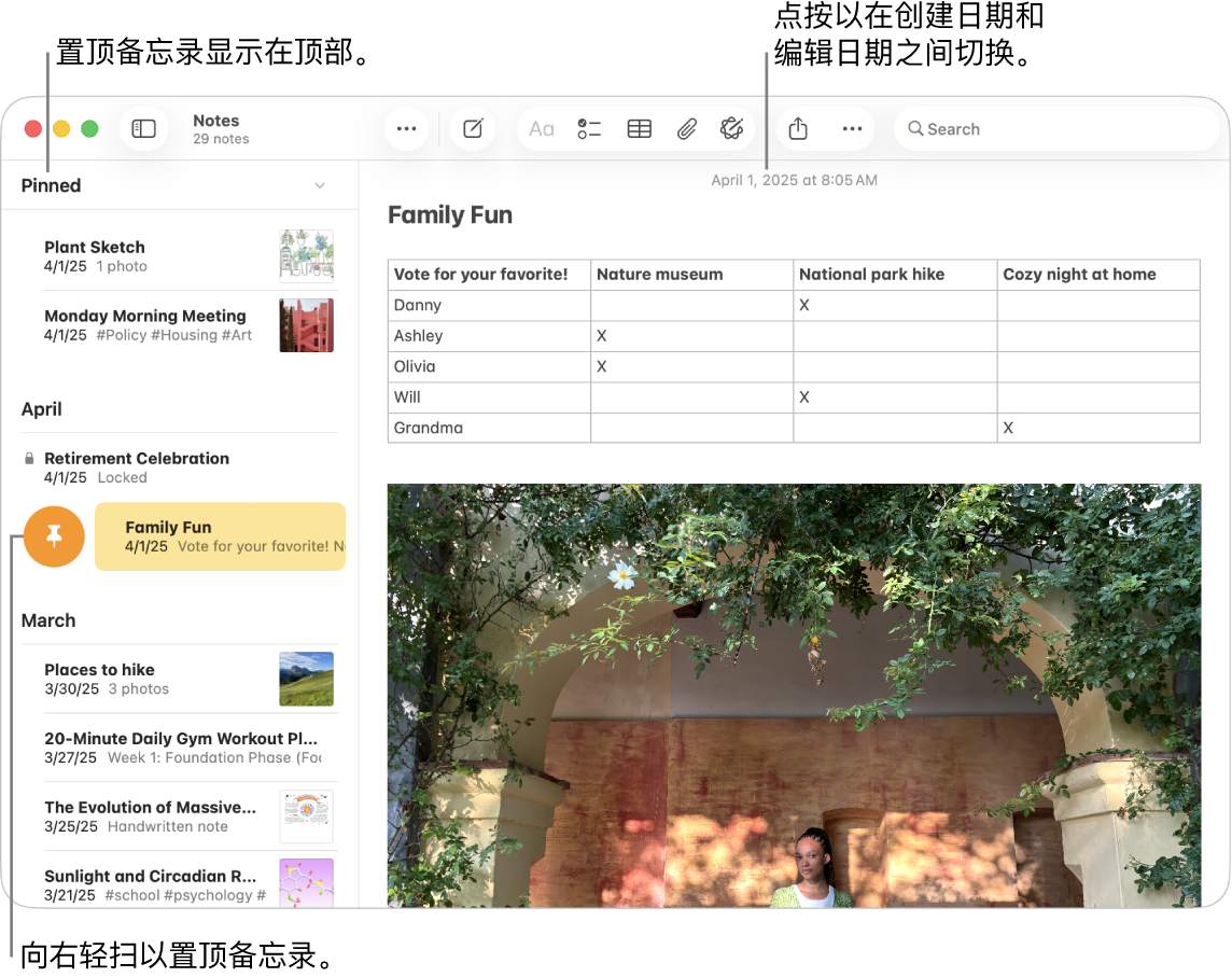 Mac 上的“备忘录” App 窗口左侧是备忘录列表,备忘录列表顶部是置顶的备忘录,以及在一个备忘录上显示“置顶”按钮。该备忘录的内容显示在右侧,顶部是日期;点按日期在创建日期和编辑日期间切换。