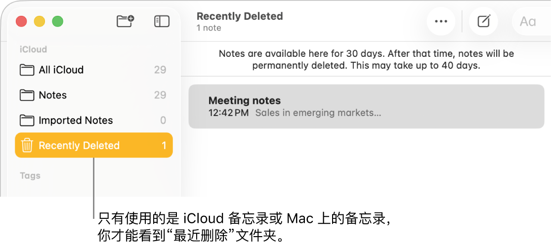 “备忘录”窗口，包含边栏中的“最近删除”文件夹和最新删除的备忘录。如果使用的是 iCloud 备忘录或 Mac 上的备忘录，你只会看到“最近删除”文件夹。