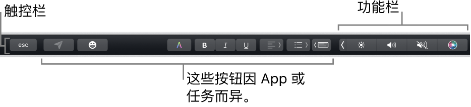 横贯键盘顶部的触控栏，显示右侧折叠的功能栏，按钮因 App 或任务而异。