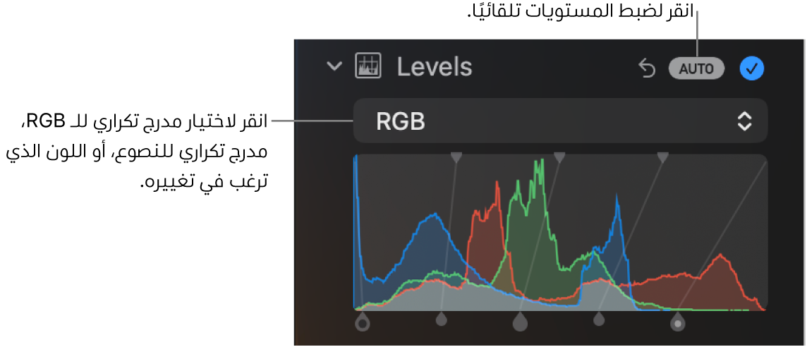 عناصر تحكم المستويات في الجزء ضبط، ويظهر الزر تلقائي في الزاوية العلوية اليسرى ومدرج RGB التكراري أدناه.