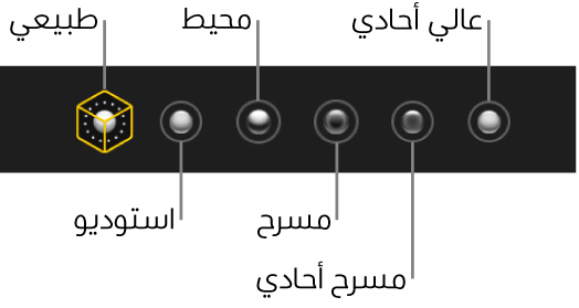 اختيارات تأثير إضاءة وضع بورتريه، بما فيها (من اليمين إلى اليسار) طبيعي واستوديو ومحيطي ومسرح ومسرح أحادي وضوء عالي أحادي.