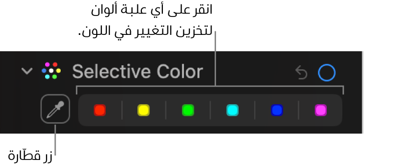 عناصر تحكم “لون انتقائي” في الجزء ضبط، تُظهر زر قطارة العين وعلب الألوان.